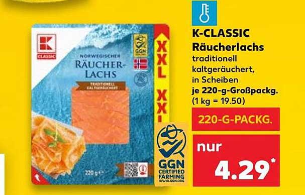 K-CLASSIC Räucherlachs traditionell kaltgeräuchert, in Scheiben je 220-g-Großpackg. (1 kg = 19.50)