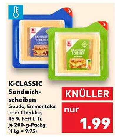 K-CLASSIC Sandwich-scheiben Gouda, Emmentaler oder Cheddar, 45 % Fett i. Tr. je 200-g-Packg. (1 kg = 9,95)