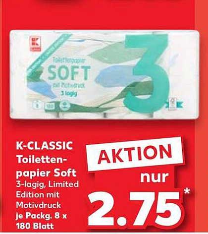 K-CLASSIC Toilettenpapier Soft 3-lagig, Limited Edition mit Motivdruck je Packg. 8 x 180 Blatt