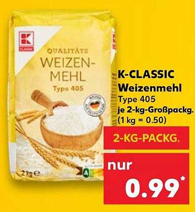 K-CLASSIC Weizenmehl Type 405 je 2-kg-Großpackg. (1 kg = 0.50)