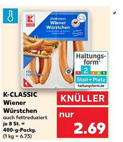 K-CLASSIC Wiener Würstchen auch fettreduziert je 8 St. = 400-g-Packg. (1 kg = 6.73)