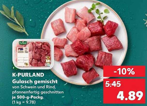 K-PURLAND Gulasch gemischt von Schwein und Rind, pfannenfertig geschnitten je 500-g-Packg. (1 kg = 9.78)