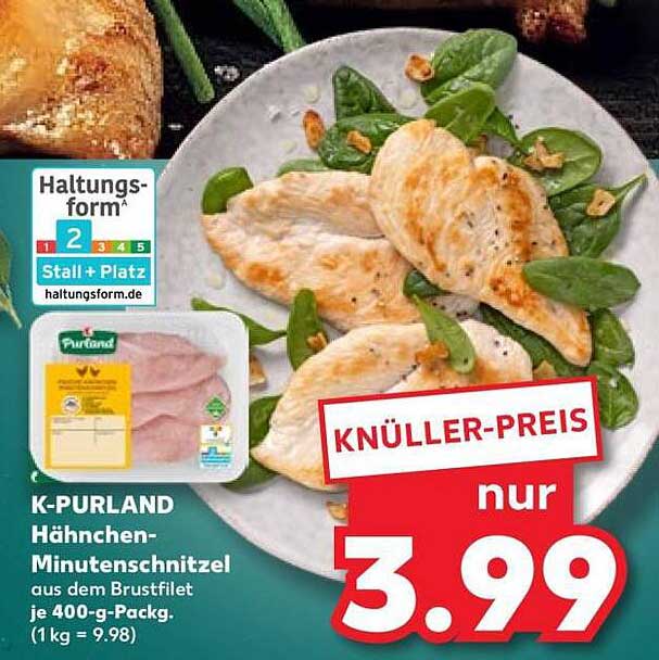 K-PURLAND Hähnchen-Minutenschnitzel aus dem Brustfilet je 400-g-Packg. (1 kg = 9.98)