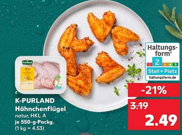 K-PURLAND Hähnchenflügel natur, HKL A je 550-g-Packg. (1 kg = 4.53)