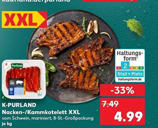 K-PURLAND Nacken-/Kammkotelett XXL vom Schwein, mariniert, 8-St.-Großpackung je kg