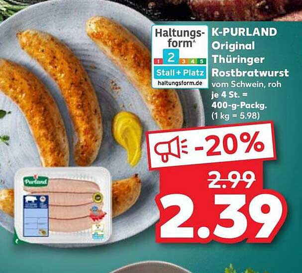 K-PURLAND Original Thüringer Rostbratwurst vom Schwein, roh