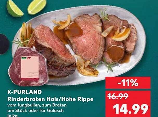 K-PURLAND Rinderbraten Hals/Hohe Rippe vom Jungbullen, zum Braten am Stück oder für Gulasch je kg