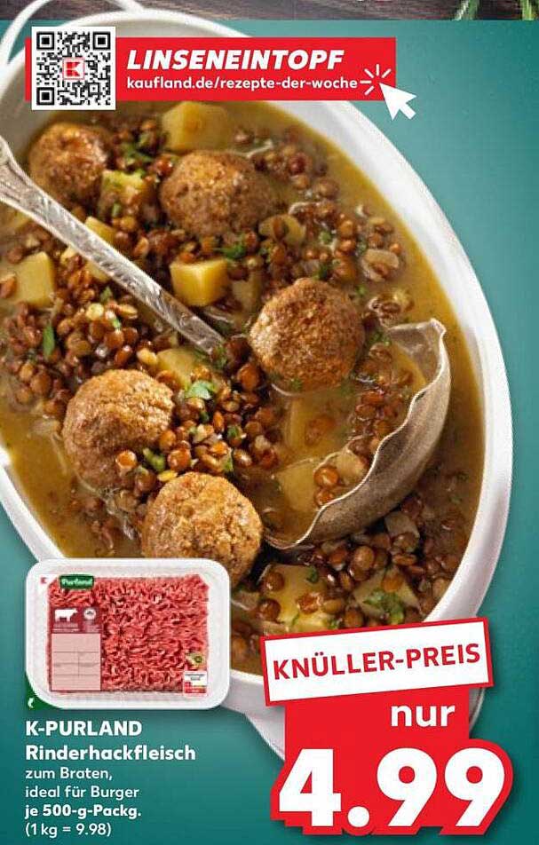 K-PURLAND Rinderhackfleisch zum Braten, ideal für Burger, je 500-g-Packg. (1 kg = 9.98)
