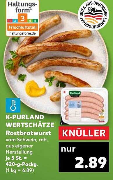 K-PURLAND WERTSCHÄTZE Rostbratwurst vom Schwein, roh, aus eigener Herstellung je 5 St. = 420-g-Packg. (1 kg = 6.89)