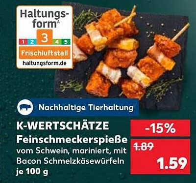K-WERTSCHÄTZE Feinschmeckerspieße vom Schwein, mariniert, mit Bacon Schmelzkäsewürfeln je 100 g