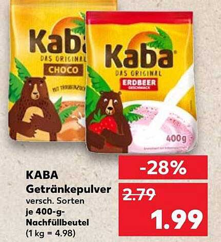 KABA Getränkepulver versch. Sorten je 400-g-Nachfüllbeutel (1 kg = 4.98)