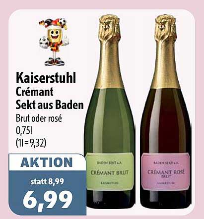 Kaiserstuhl Crémant Sekt aus Baden Brut oder rosé 0,75l (1l=9,32)