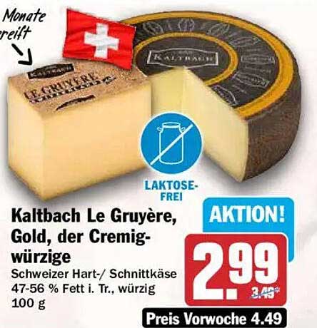 Kaltbach Le Gruyère, Gold, der Cremig-würzige Schweizr Hart-/ Schnittkäse 47-56 % Fett i. Tr., würzig 100 g