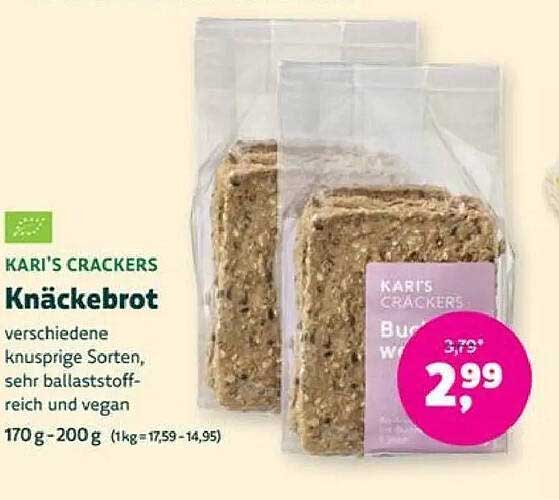 KARI'S CRACKERS Knäckebrot verschiedene Knusprige Sorten, sehr ballaststoff-reich und vegan 170 g - 200 g (1kg=17,59 - 14,95)