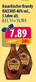 Kasachischer Brandy BACCHUS 40% vol., 5 Jahre alt, 0,5 l. 1 l = 15,78 €