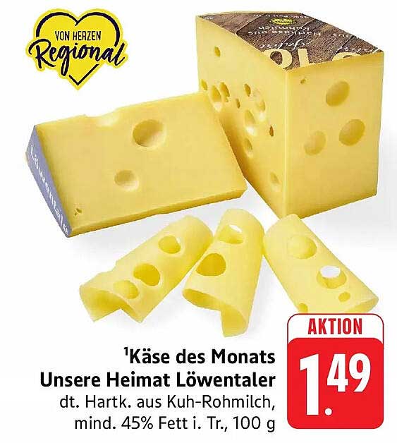 Käse des Monats Unsere Heimat Löwentaler dt. Hartk. aus Kuh-Rohmilch, mind. 45% Fett i. Tr., 100 g