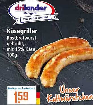 Käsegriller
Rostbratwurst gebrüht, mit 15% Käse, 100g