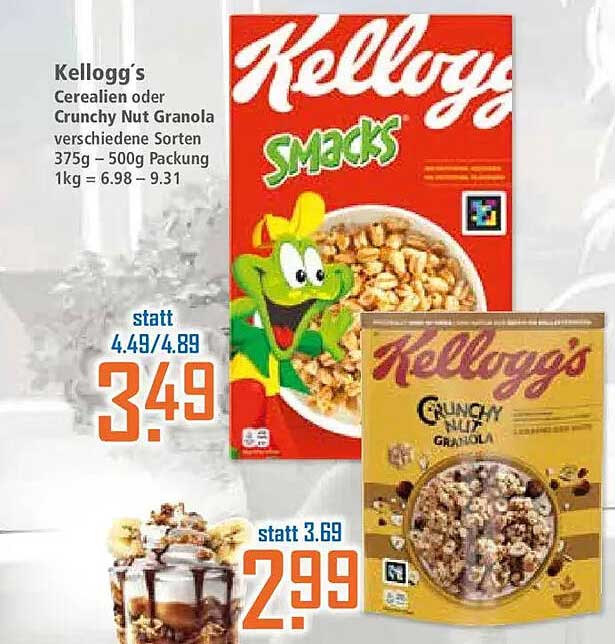 Kellogg's Cerealien oder Crunchy Nut Granola verschiedene Sorten 375g – 500g Packung 1kg = 6.98 – 9.31