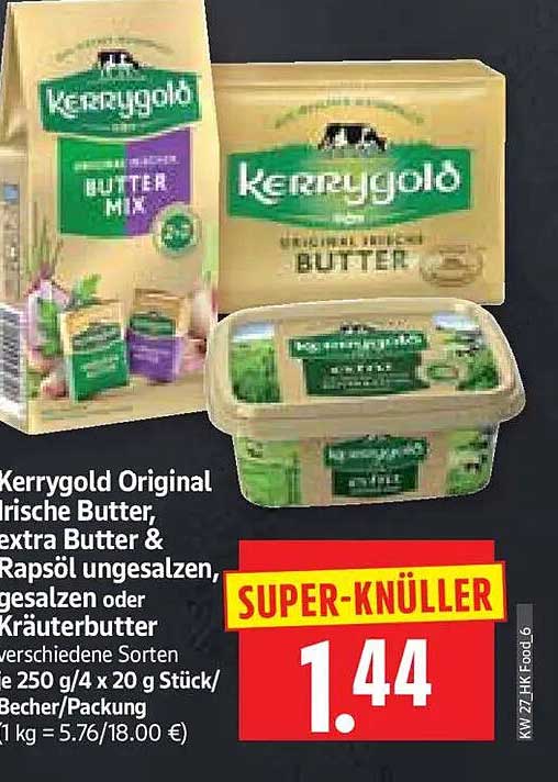 Kerrygold Original irische Butter, extra Butter & Rapsöl ungesalzen, gesalzen oder Kräuterbutter verschiedene Sorten je 250 g/4 x 20 g Stück/Becher/Packung (1 kg = 5.76/18.00 €)