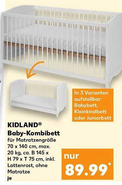KIDLAND Baby-Kombibett für Matratzengröße 70 x 140 cm, max. 20 kg, ca. B 145 x H 79 x T 75 cm, inkl. Lattenrost, ohne Matratze