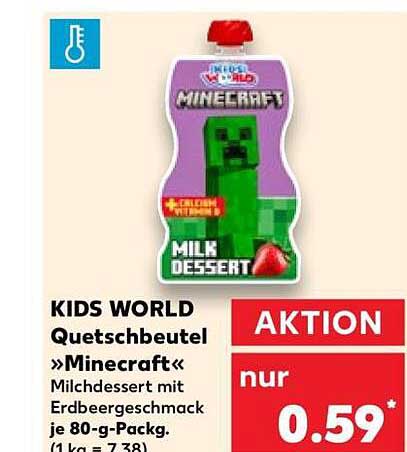 KIDS WORLD Quetschbeutel »Minecraft« Milachdessert mit Erdbeergeschmack je 80-g-Packg. (1 kg = 7,38)