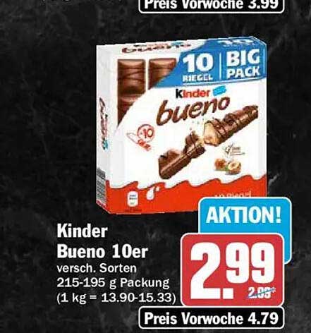Kinder Bueno 10er versch. Sorten 215-195 g Packung (1 kg = 13.90-15.33)