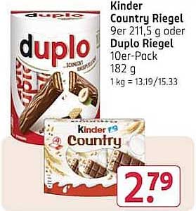 Kinder Country Riegel 9er 211,5 g oder Duplo Riegel 10er-Pack 182 g