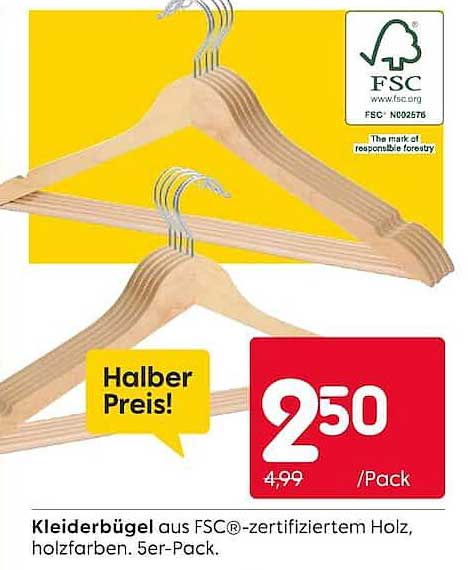 Kleiderbügel aus FSC®-zertifiziertem Holz, holzfarben. 5er-Pack.