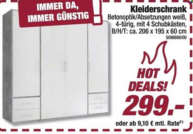 Kleiderschrank Betonoptik/Absetzungen weiß, 4-türig, mit 4 Schubkästen, B/H/T: ca. 206 x 195 x 60 cm