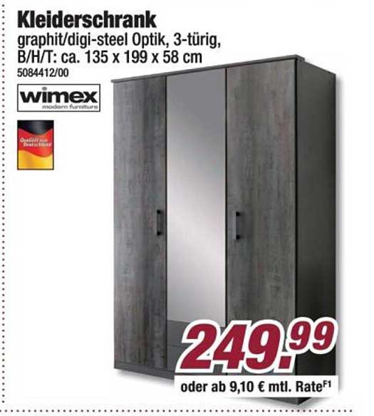 Kleiderschrank graphit/digi-steel Optik, 3-türig, B/H/T: ca. 135 x 199 x 58 cm
