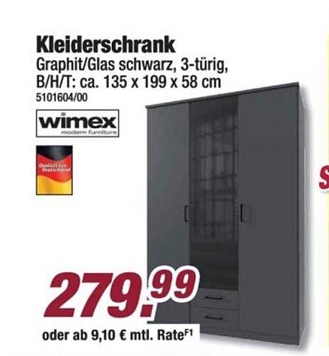 Kleiderschrank Graphit/Glas schwarz, 3-türig, B/H/T: ca. 135 x 199 x 58 cm