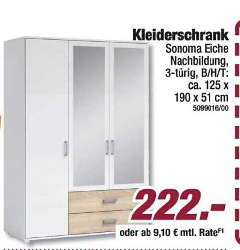 Kleiderschrank Sonoma Eiche Nachbildung, 3-türig, B/H/T: ca. 125 x 190 x 51 cm