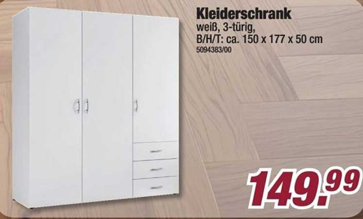 Kleiderschrank weiß, 3-türig, B/H/T: ca. 150 x 177 x 50 cm