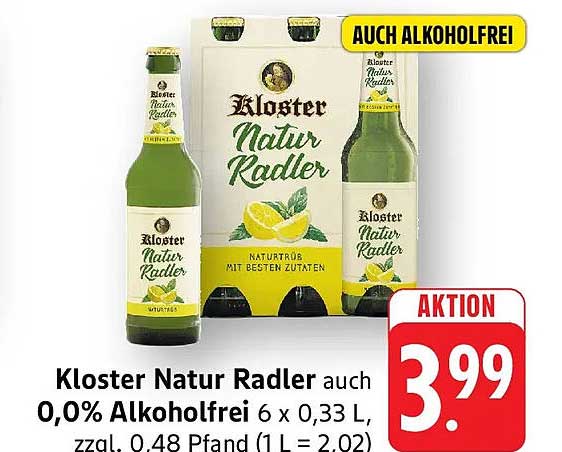 Kloster Natur Radler auch 0,0% Alkoholfrei 6 x 0,33 L, zzgl. 0,48 Pfand (1 L = 2,02)