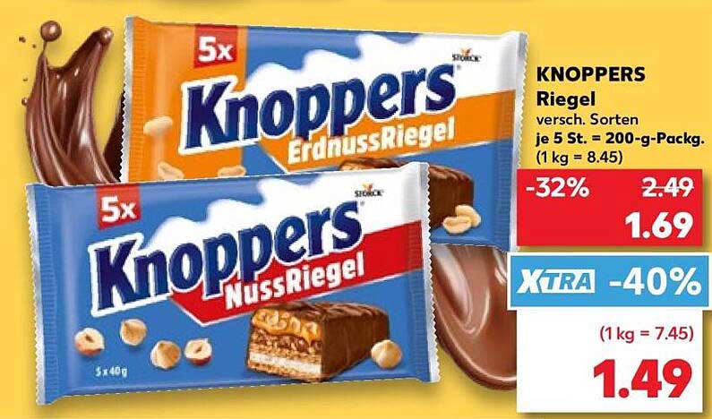 KNOPPERS Riegel versch. Sorten je 5 St. = 200-g-Packg. (1 kg = 8.45)