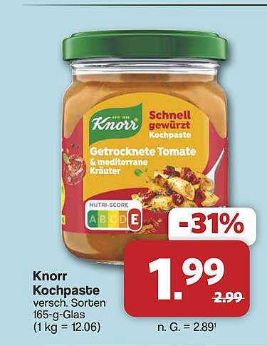 Knorr Kochpaste versch. Sorten 165-g-Glas (1 kg = 12.06)