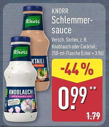 KNORR Schlemmersauce Versch. Sorten, z. B. Knoblauch oder Cocktail, 250-ml-Flasche (Liter = 3,96)