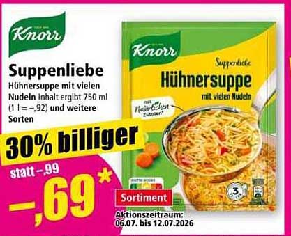 Knorr Suppenliebe Hühnersuppe mit vielen Nudeln Inhalt ergibt 750 ml (1 l = .92) und weitere Sorten