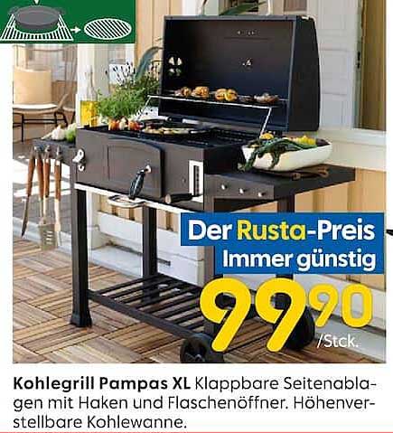 Kohlegrill Pampas XL Klappbare Seitenablagen mit Haken und Flaschenöffner. Höhenverstellbare Kohlewanne.