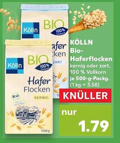 KÖLLN Bio-Haferflocken kernig oder zart, 100 % Vollkorn, je 500-g-Packg. (1 kg = 3.58)