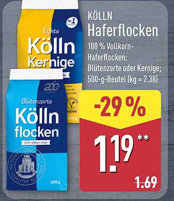 KÖLLN Haferflocken 100 % Vollkorn-Haferflocken, Blütenzarte oder Kernige; 500-g-Beutel (kg = 2.38)