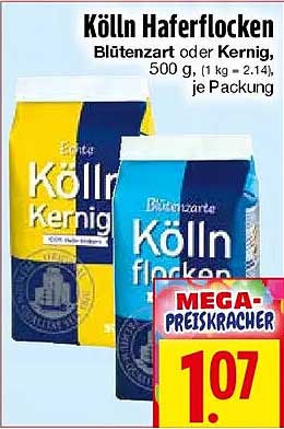 Kölln Haferflocken Blütenzart oder Kernig, 500 g, (1 kg = 2,14), je Packung