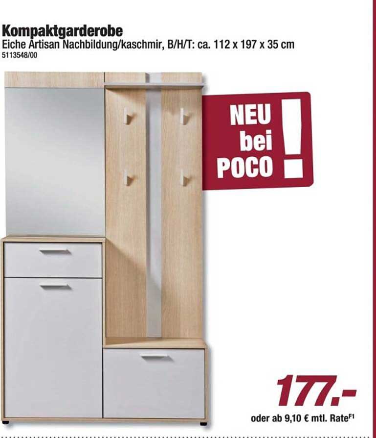 Kompaktgarderobe Eiche Artisan Nachbildung/kaschmir, B/H/T: ca. 112 x 197 x 35 cm