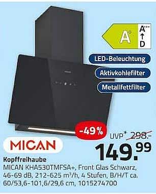 Kopffreihaube MICAN KHA530TMFSA+, Front Glas Schwarz, 46-69 dB, 212-625 m³/h, 4 Stufen, B/HT ca. 60/53-6, 1015-629,3 cm
