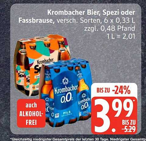 Krombacher Bier, Spezi oder Fassbrause, versch. Sorten, 6 x 0,33 L zzgl. 0,48 Pfand 1 L = 2,01 auch ALKOHOL-FREI