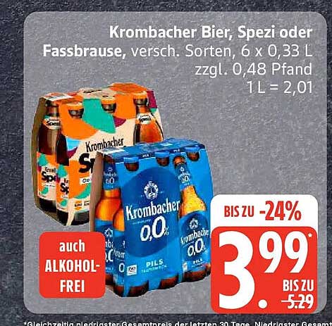 Krombacher Bier, Spezi oder Fassbrause, versch. Sorten, 6 x 0,33 L zzgl. 0,48 Pfand 1 L = 2,01