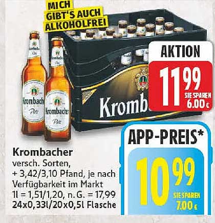 Krombacher versch. Sorten, + 3,42/3,10 Pfand, je nach Verfügbarkeit im Markt 1 l = 1,51/1,20, n. G. = 17,99 24x0,33l/20x0,5l Flasche