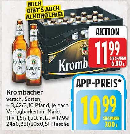 Krombacher versch. Sorten, + 3,42/3,10 Pfand, je nach Verfügbarkeit im Markt 1l = 1,51/1,20, n. G. = 17,99 24x0,33l/20x0,5l Flasche