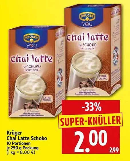 Krüger Chai Latte Schoko 10 Portionen je 250 g Packung (1 kg = 8.00 €)
