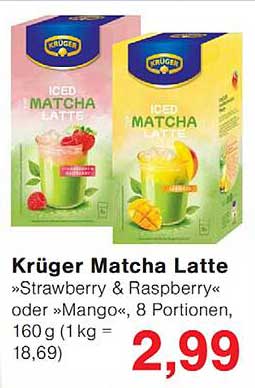 Krüger Matcha Latte »Strawberry & Raspberry« oder »Mango«, 8 Portionen, 160 g (1 kg = 18,69)